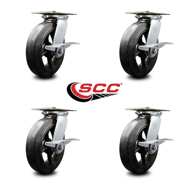 8 Inch Heavy Duty Rubber On Steel Caster Set With Ball Bearings And Brakes SCC